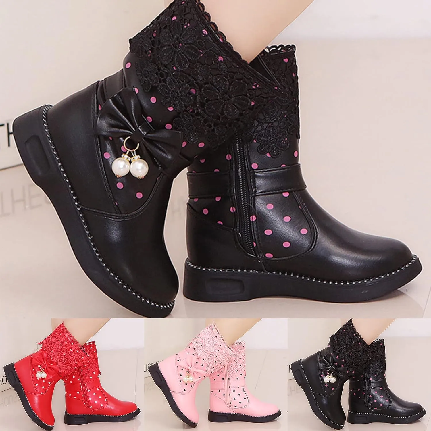 Boys Girls aterproof Lace Up Glitter Mid Calf ombat Tall Boots with Side Zipper for Toddler/Little Kid/Big