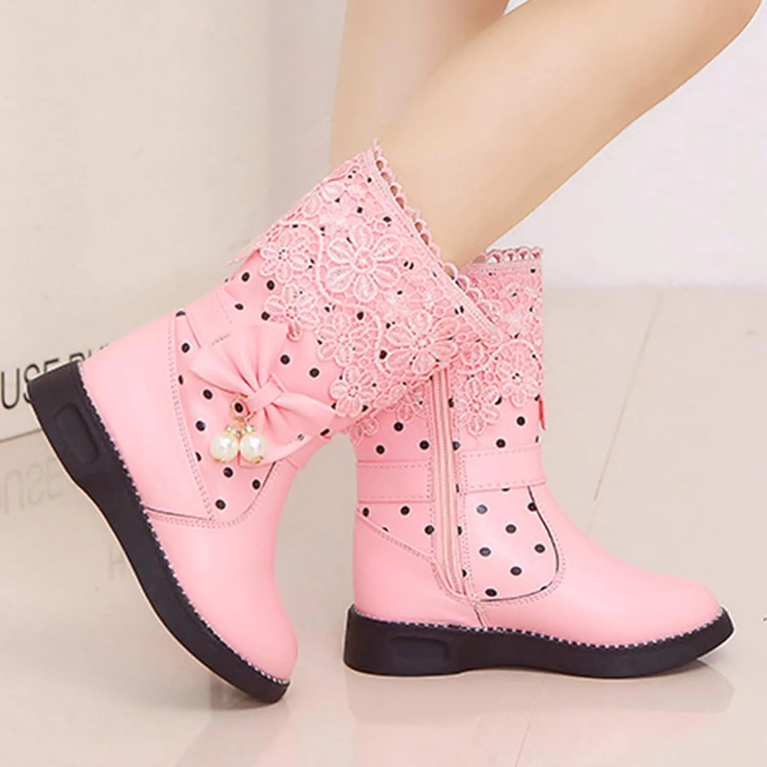 Boys Girls aterproof Lace Up Glitter Mid Calf ombat Tall Boots with Side Zipper for Toddler/Little Kid/Big