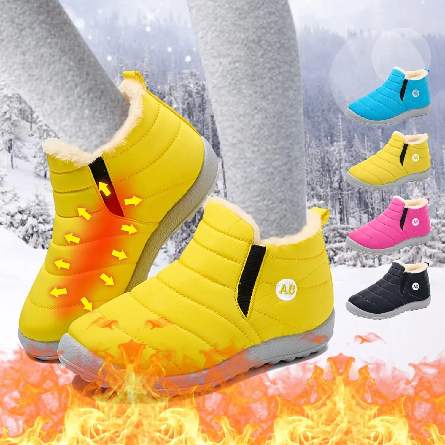 Boys Girls Kids Snow Boots Warm  Lined Slip On Winter Splashing Shoes Lightweight Comfy Outdoor Booties