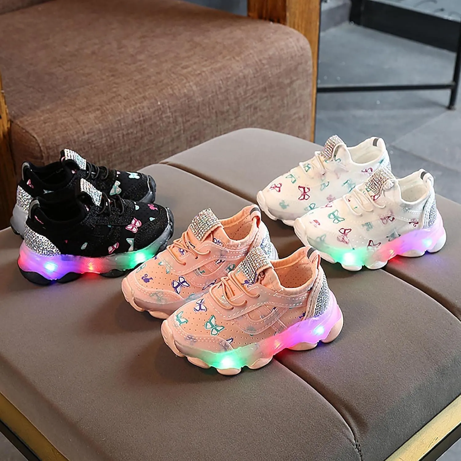 Boys Girls LED Sneakers Children Butterfly Print Lacing Breathable Soft Shoes Light Luminous Sport Shoes