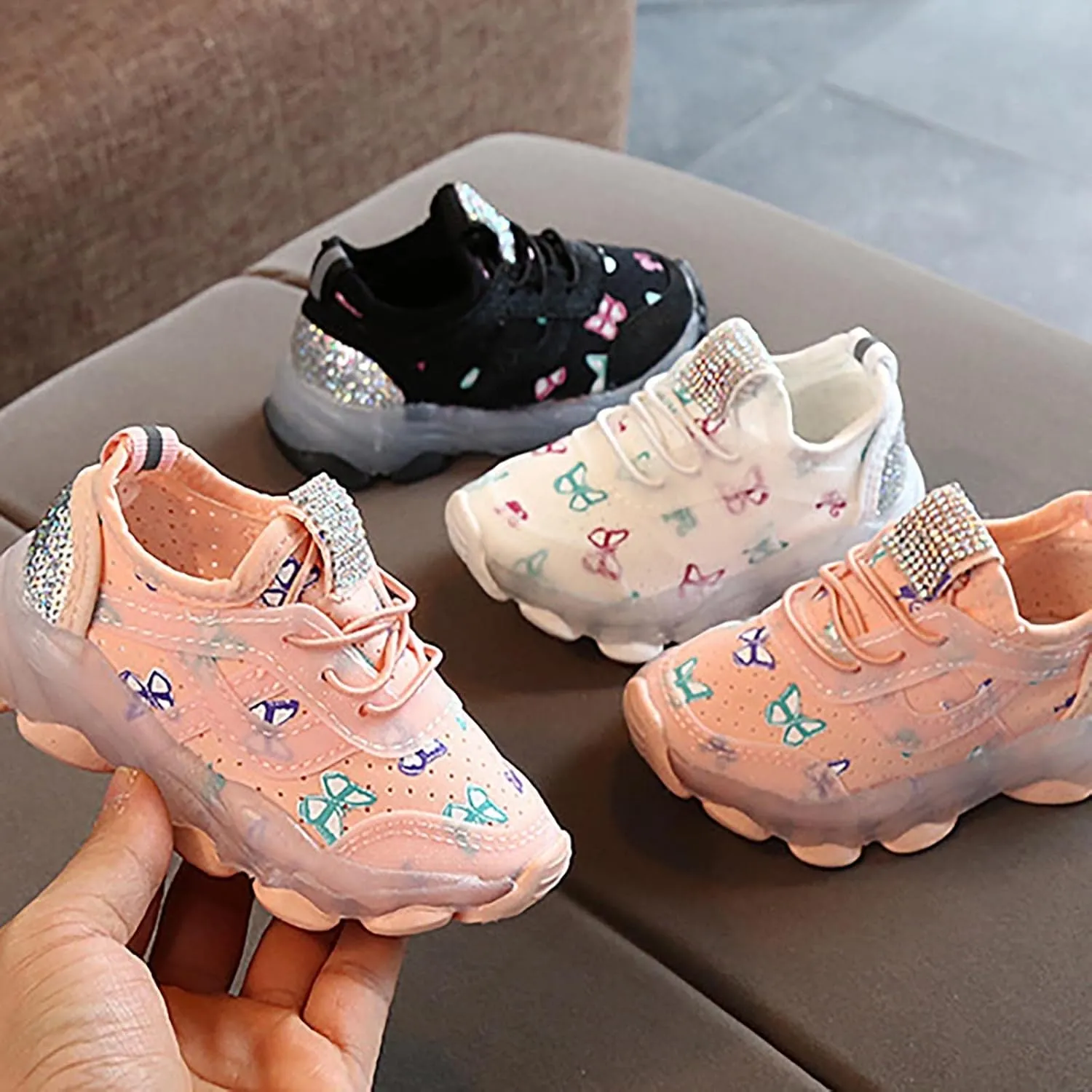 Boys Girls LED Sneakers Children Butterfly Print Lacing Breathable Soft Shoes Light Luminous Sport Shoes