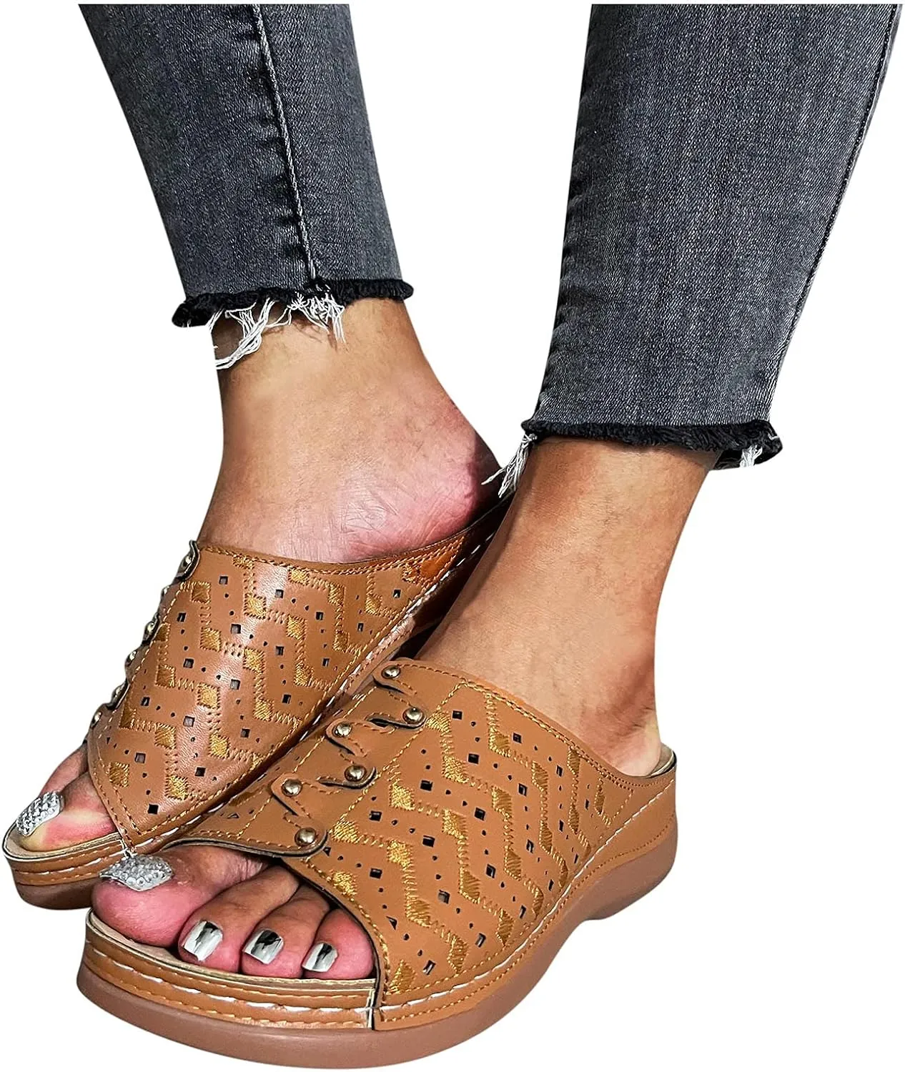 Breathable Summer Sandals Women Toe Wedges Out Peep Beach Fashion Hollow Shoes Women's Slipper Luxury Slippers for Women (Khaki, 10)