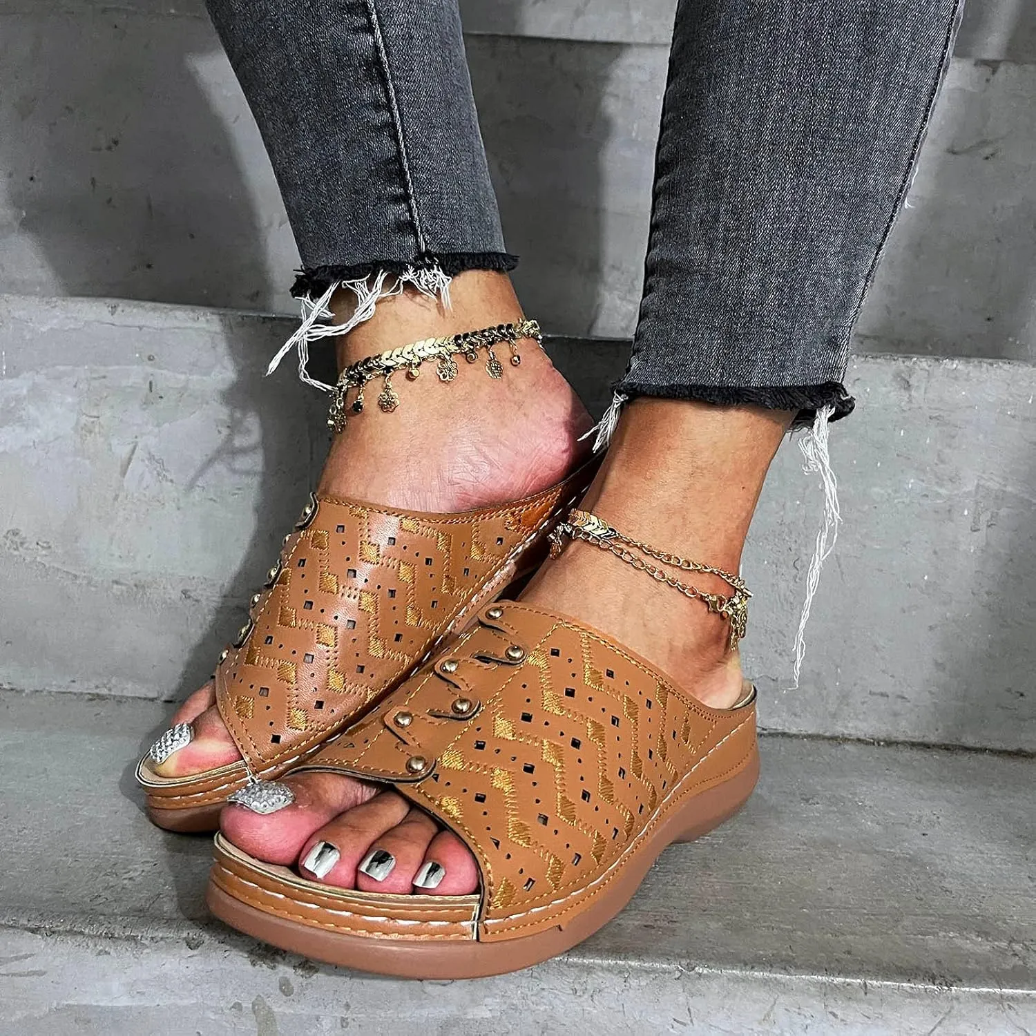 Breathable Summer Sandals Women Toe Wedges Out Peep Beach Fashion Hollow Shoes Women's Slipper Luxury Slippers for Women (Khaki, 10)