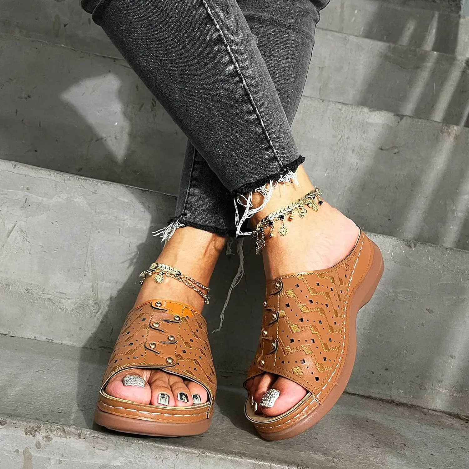 Breathable Summer Sandals Women Toe Wedges Out Peep Beach Fashion Hollow Shoes Women's Slipper Luxury Slippers for Women (Khaki, 10)