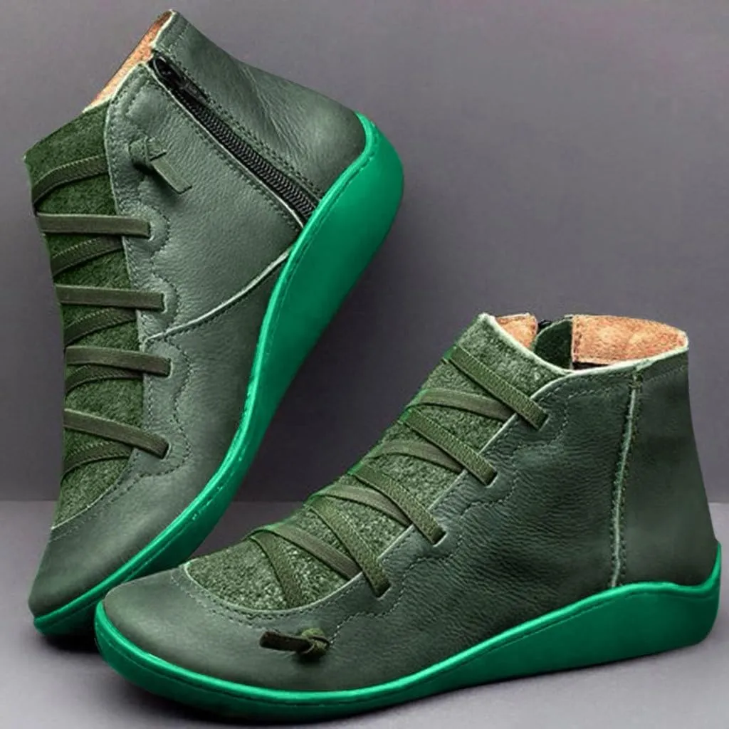 Cathalem Ankle Boots for Women Arch Support Fashion Lace up Side Zip Vintage Booties Flat Heel Vintage Leather Damping Shoes