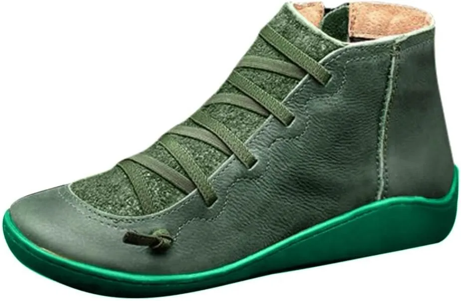 Cathalem Ankle Boots for Women Arch Support Fashion Lace up Side Zip Vintage Booties Flat Heel Vintage Leather Damping Shoes