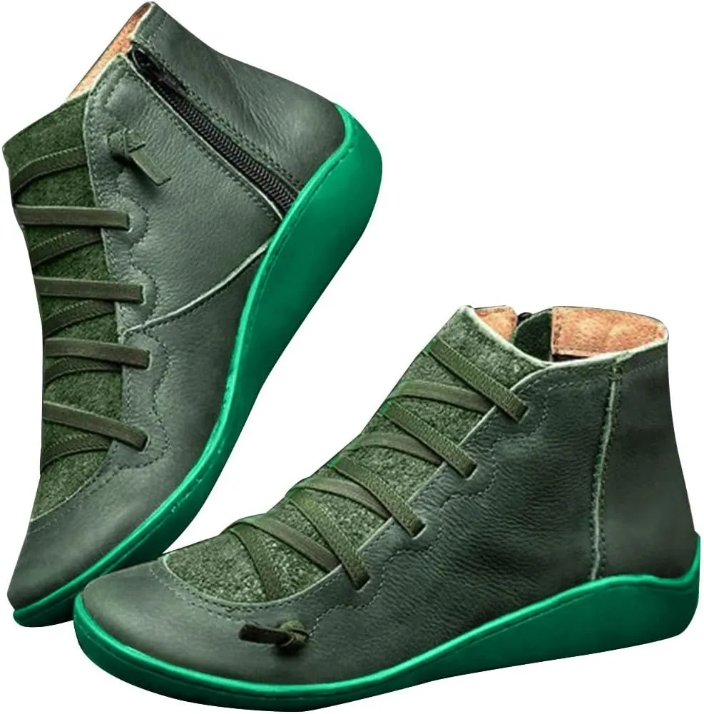 Cathalem Ankle Boots for Women Arch Support Fashion Lace up Side Zip Vintage Booties Flat Heel Vintage Leather Damping Shoes