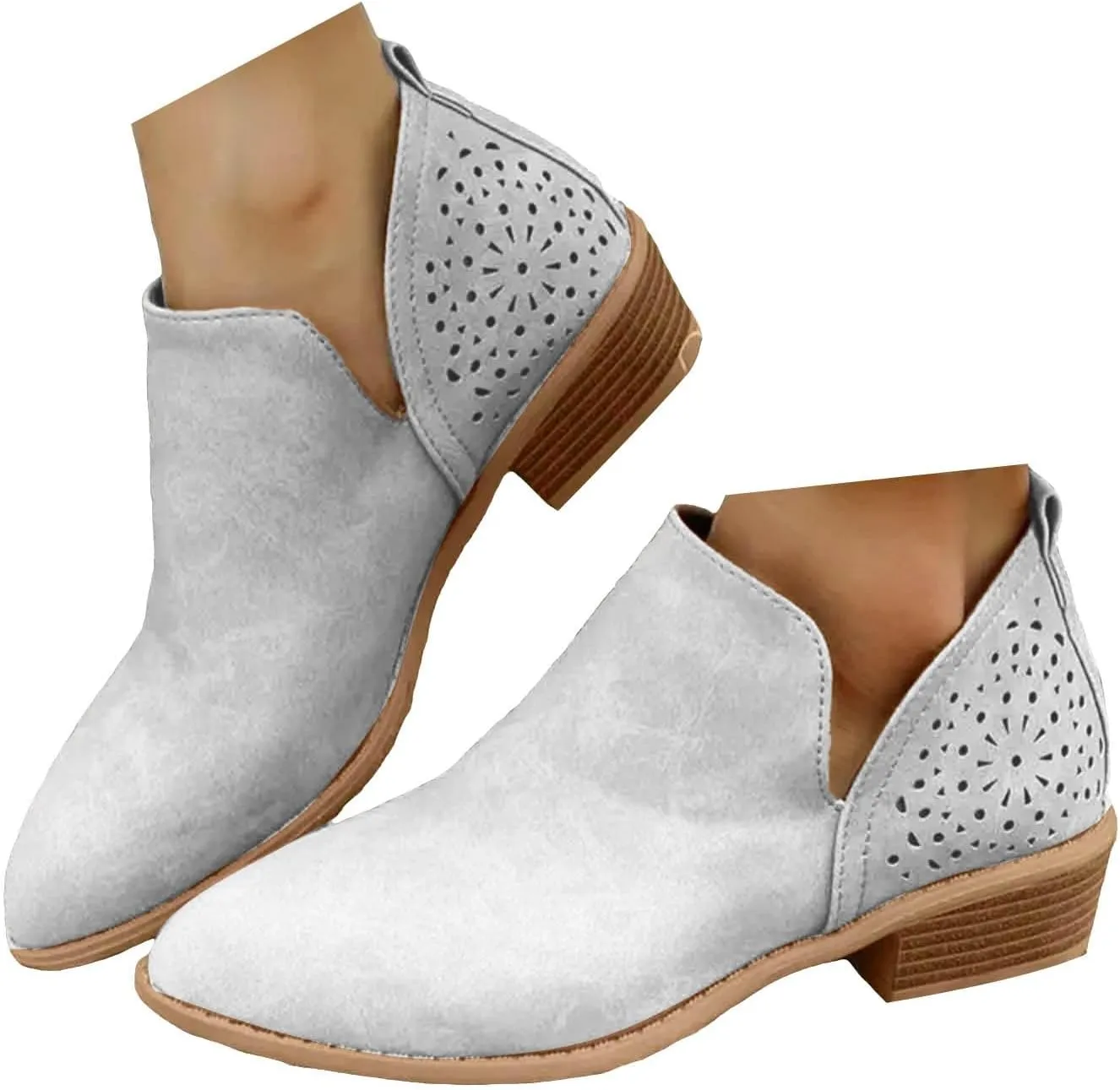 Cathalem Ankle Boots for Women Cut Out Slip On Low Heel Short Chunky Stacked Heel Perforated Side V Cut Western Booties