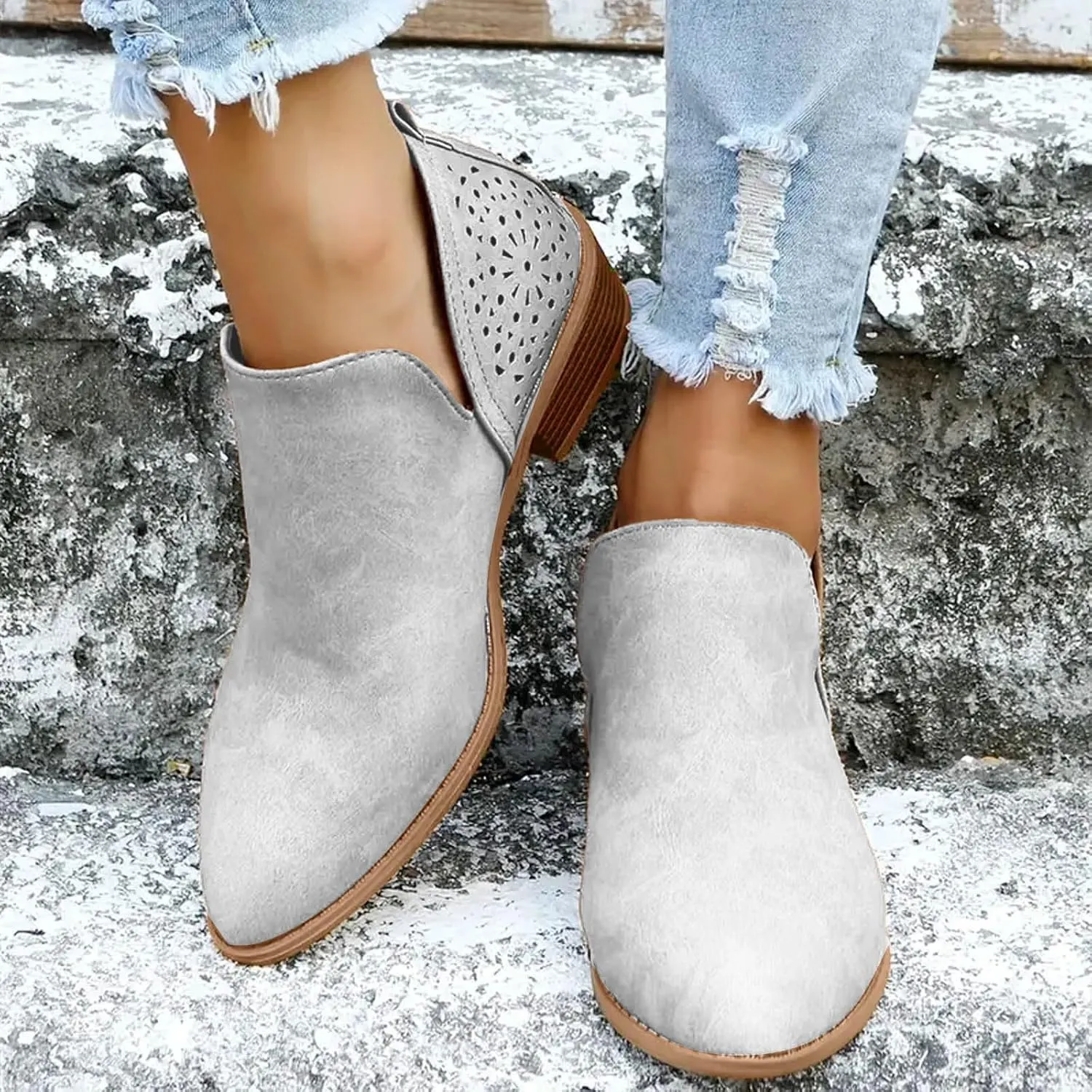 Cathalem Ankle Boots for Women Cut Out Slip On Low Heel Short Chunky Stacked Heel Perforated Side V Cut Western Booties