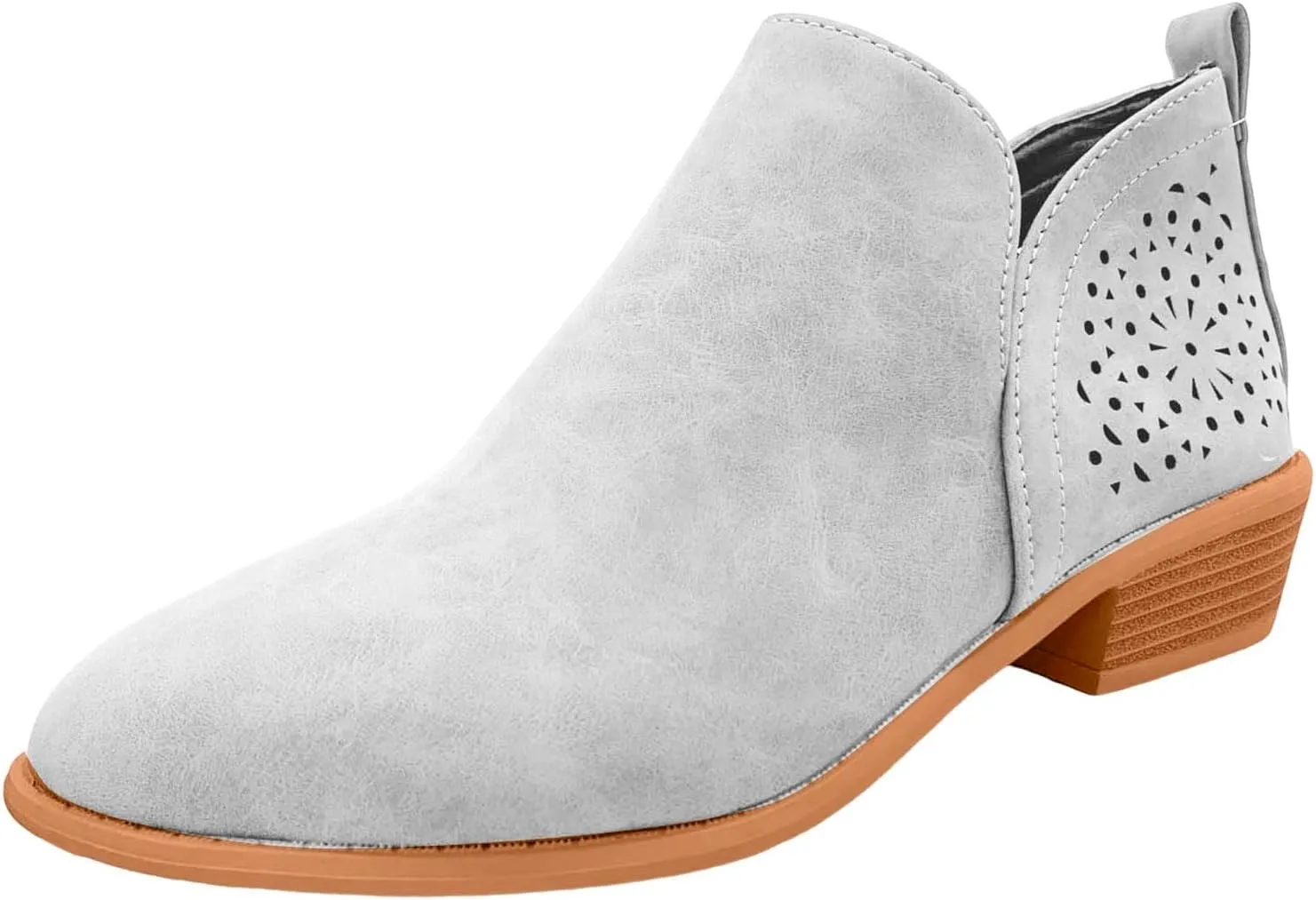 Cathalem Ankle Boots for Women Cut Out Slip On Low Heel Short Chunky Stacked Heel Perforated Side V Cut Western Booties