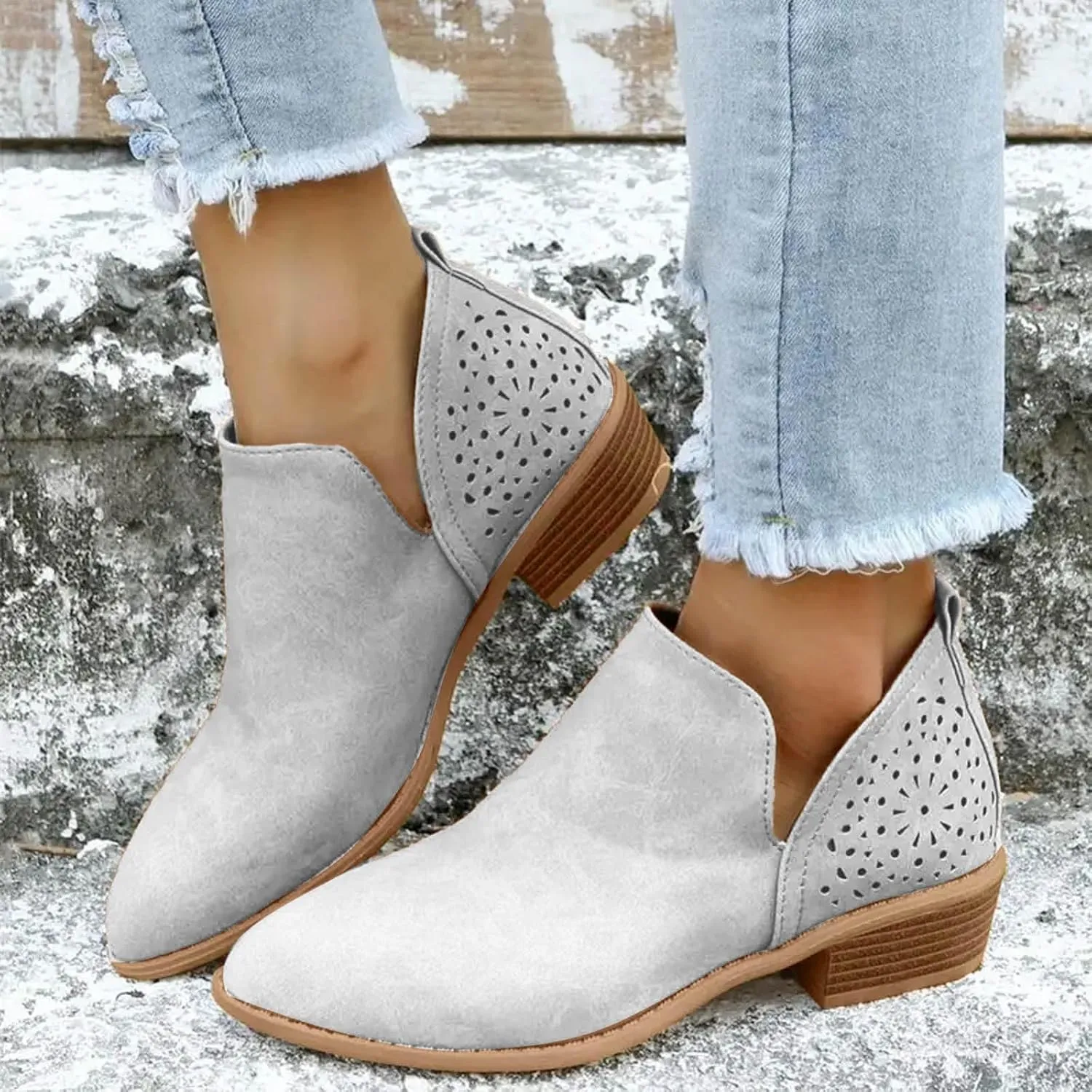 Cathalem Ankle Boots for Women Cut Out Slip On Low Heel Short Chunky Stacked Heel Perforated Side V Cut Western Booties