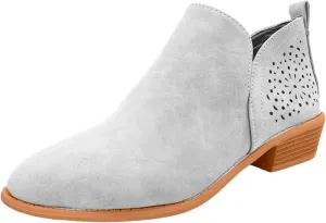 Cathalem Ankle Boots for Women Cut Out Slip On Low Heel Short Chunky Stacked Heel Perforated Side V Cut Western Booties