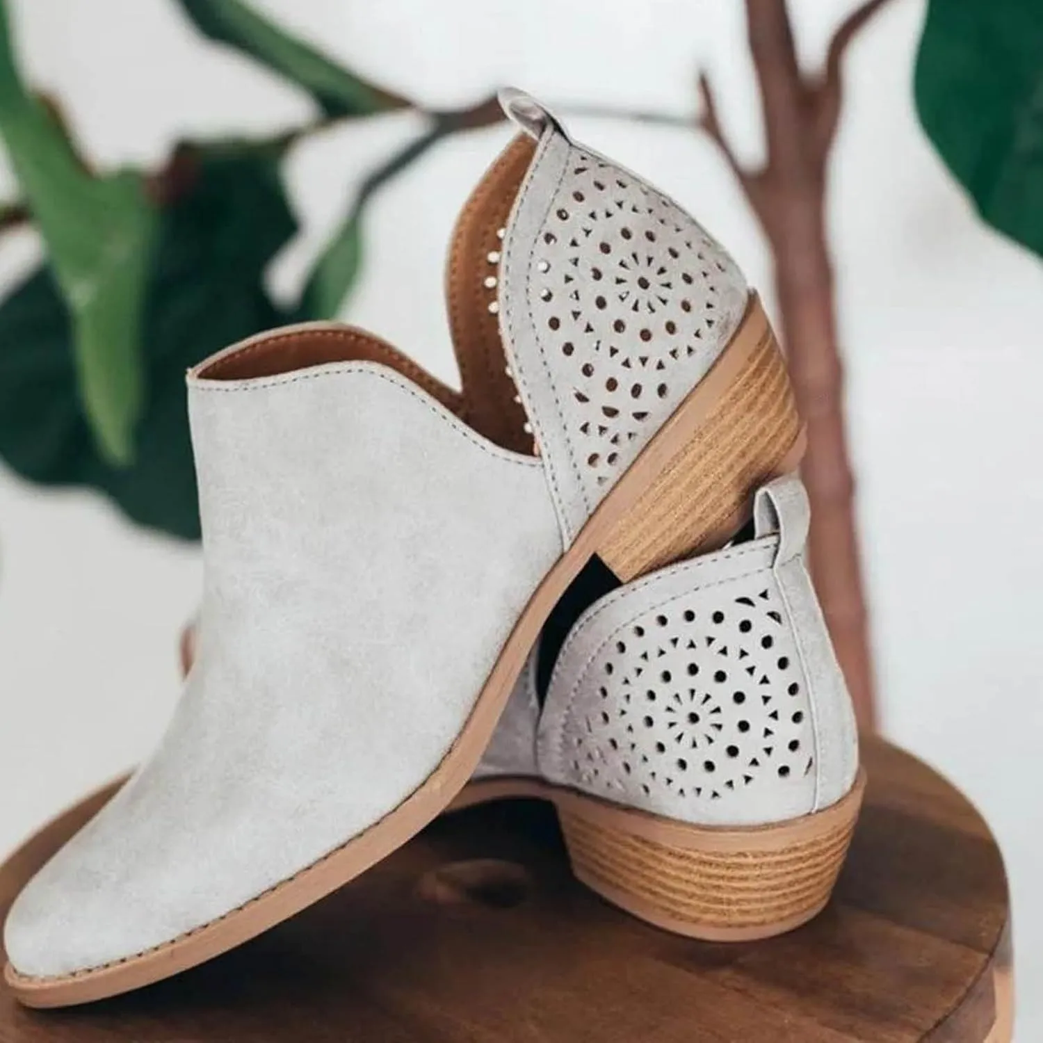 Cathalem Ankle Boots for Women Cut Out Slip On Low Heel Short Chunky Stacked Heel Perforated Side V Cut Western Booties