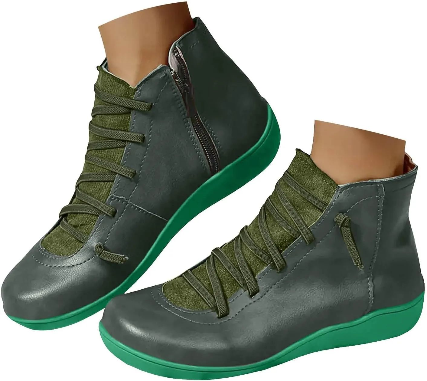 Cathalem Ankle Boots for Women Fall Arch Support Booties Side Zip-up Vintage Leather Damping Shoes Flat Heel Booties