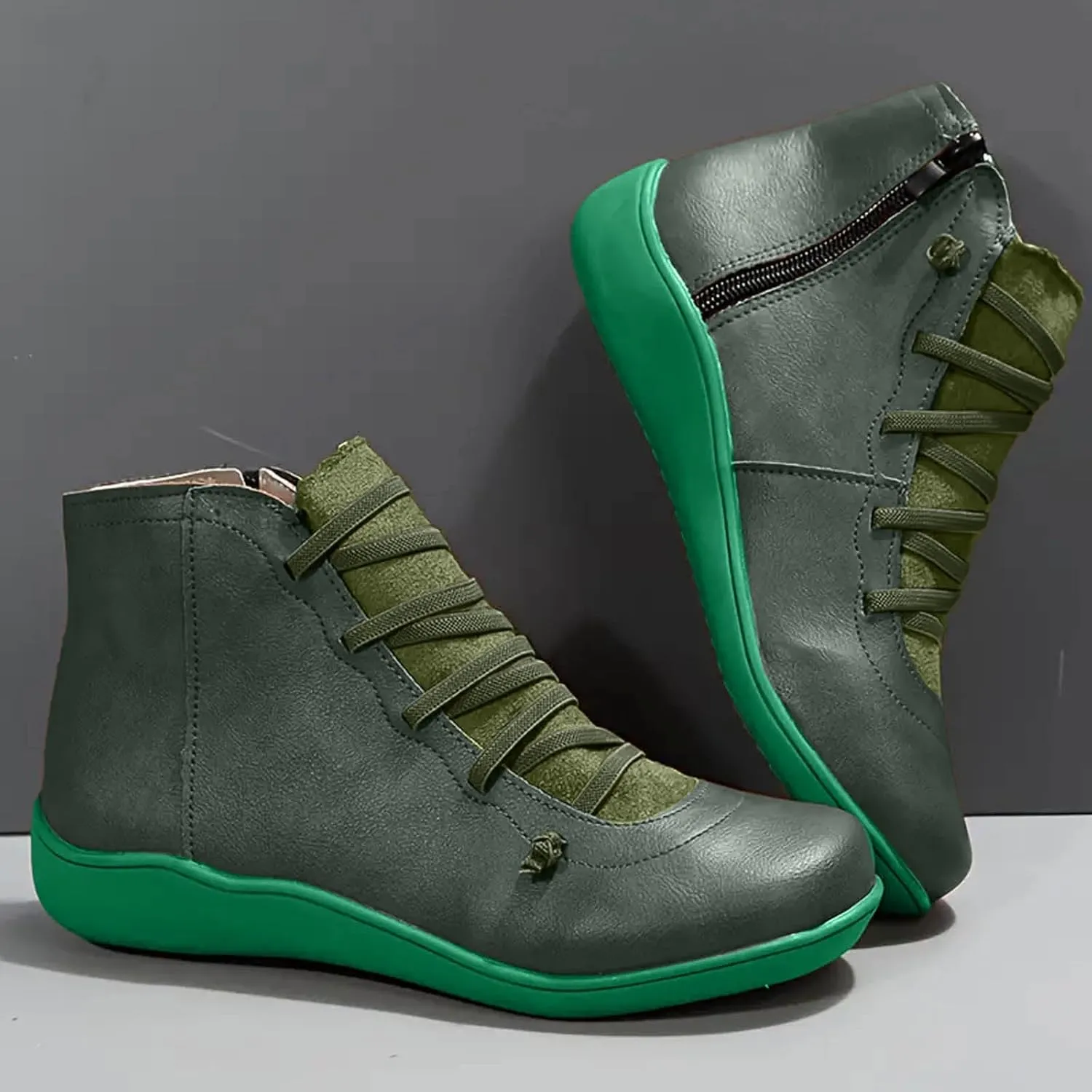 Cathalem Ankle Boots for Women Fall Arch Support Booties Side Zip-up Vintage Leather Damping Shoes Flat Heel Booties
