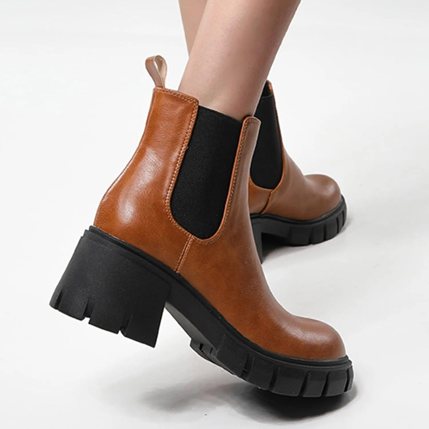 Cathalem Ankle Boots for Women Platform Ankle Booties Chelsea Slip on Chunky Block Heel Leather Combat Boots