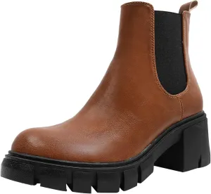Cathalem Ankle Boots for Women Platform Ankle Booties Chelsea Slip on Chunky Block Heel Leather Combat Boots