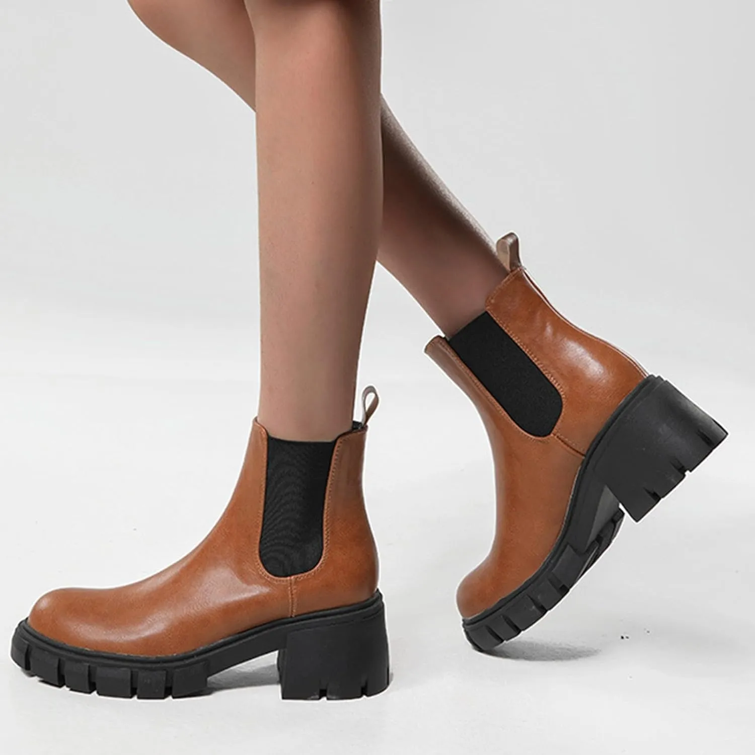 Cathalem Ankle Boots for Women Platform Ankle Booties Chelsea Slip on Chunky Block Heel Leather Combat Boots
