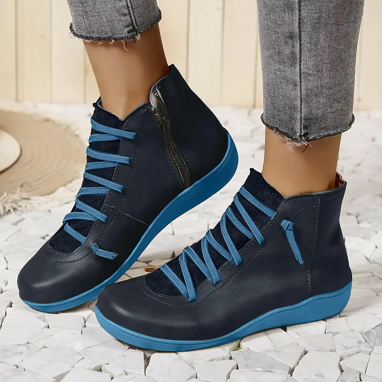 Cathalem Ankle Boots for Women, Womens Arch Support Low Heel Fashion Lace Up Zipper Booties Casual Walking Short Booties