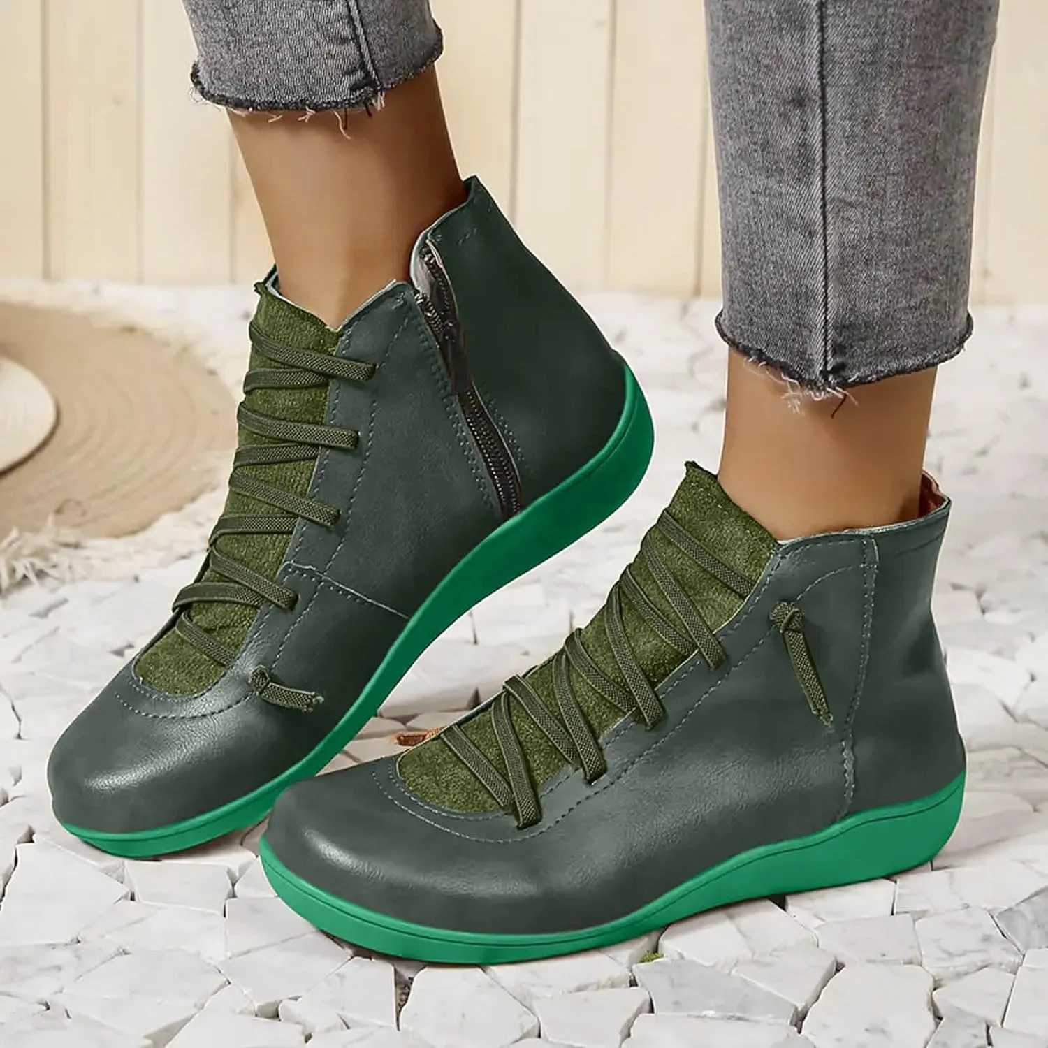 Cathalem Ankle Boots for Women, Womens Arch Support Low Heel Fashion Lace Up Zipper Booties Casual Walking Short Booties