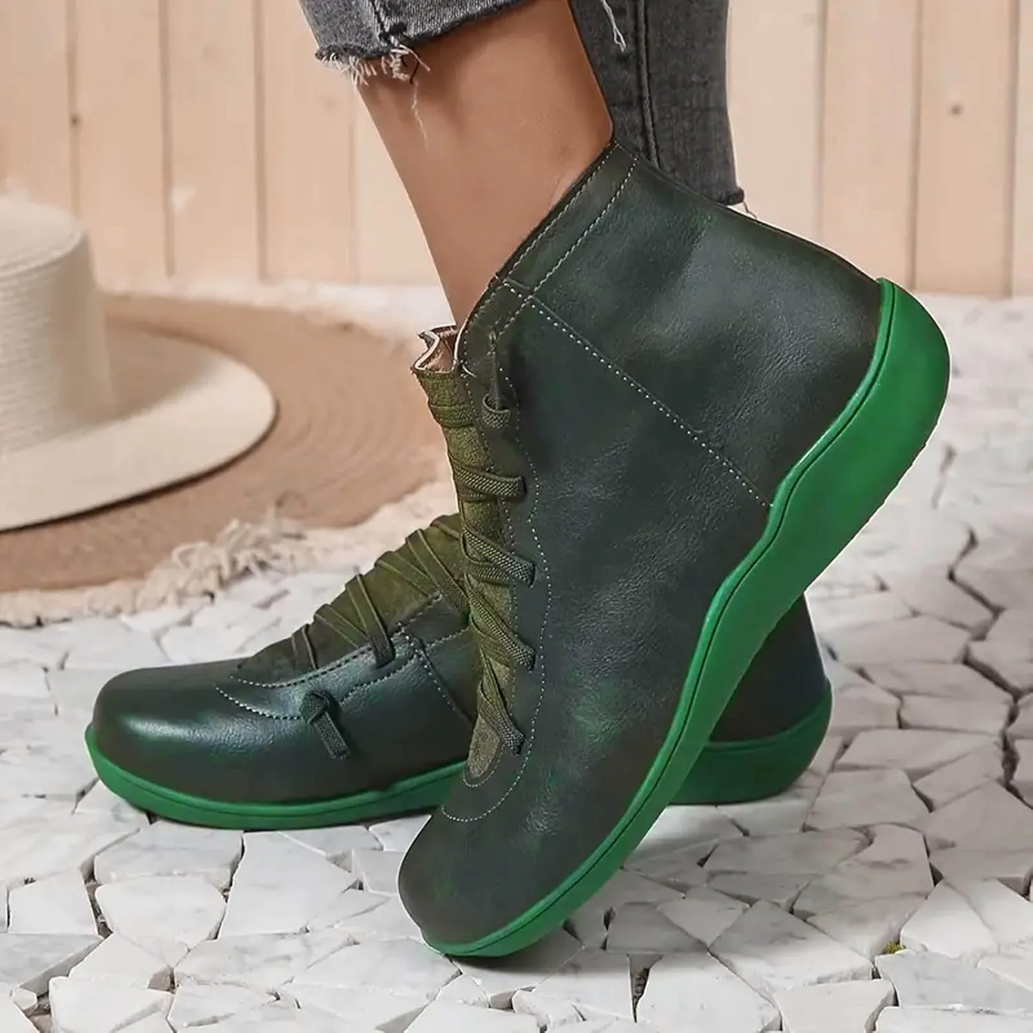 Cathalem Ankle Boots for Women, Womens Arch Support Low Heel Fashion Lace Up Zipper Booties Casual Walking Short Booties