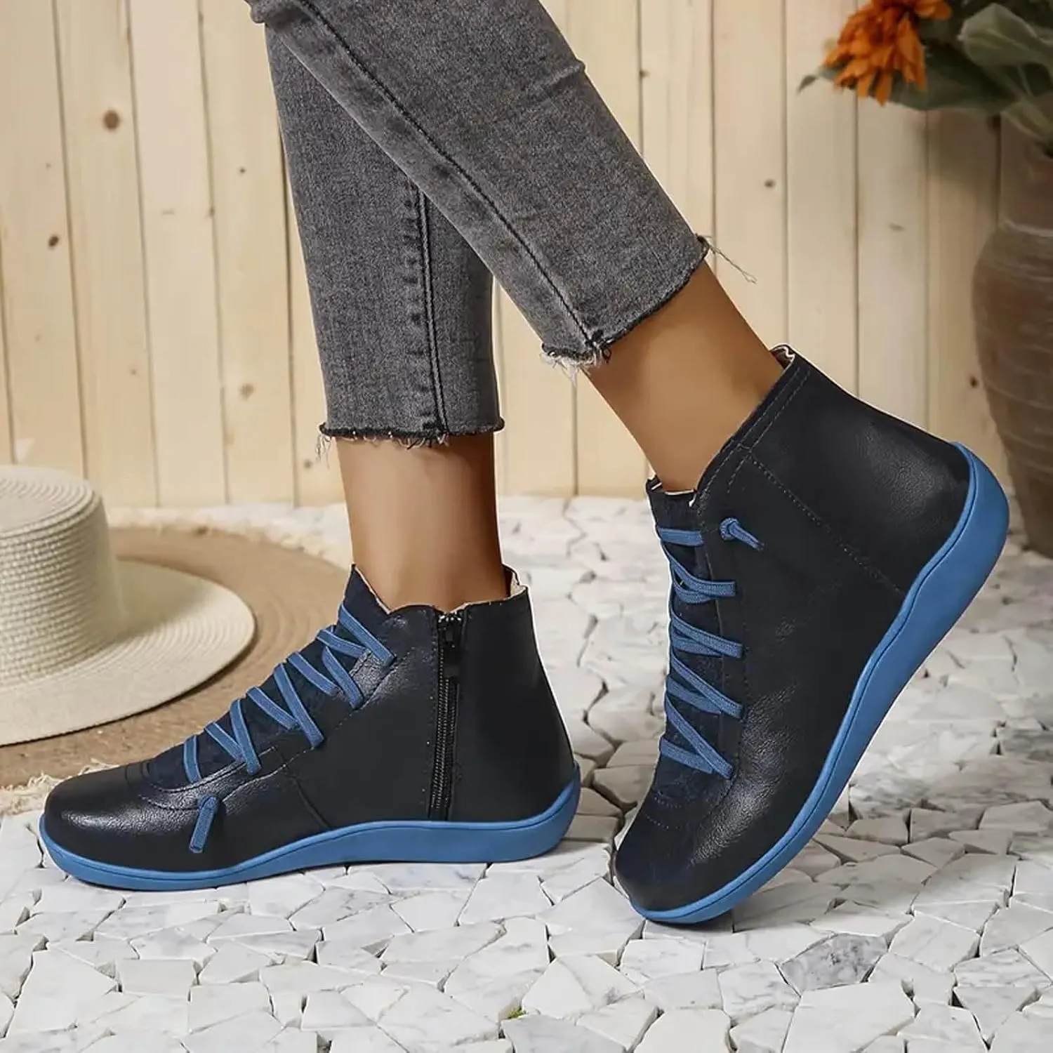 Cathalem Ankle Boots for Women, Womens Arch Support Low Heel Fashion Lace Up Zipper Booties Casual Walking Short Booties