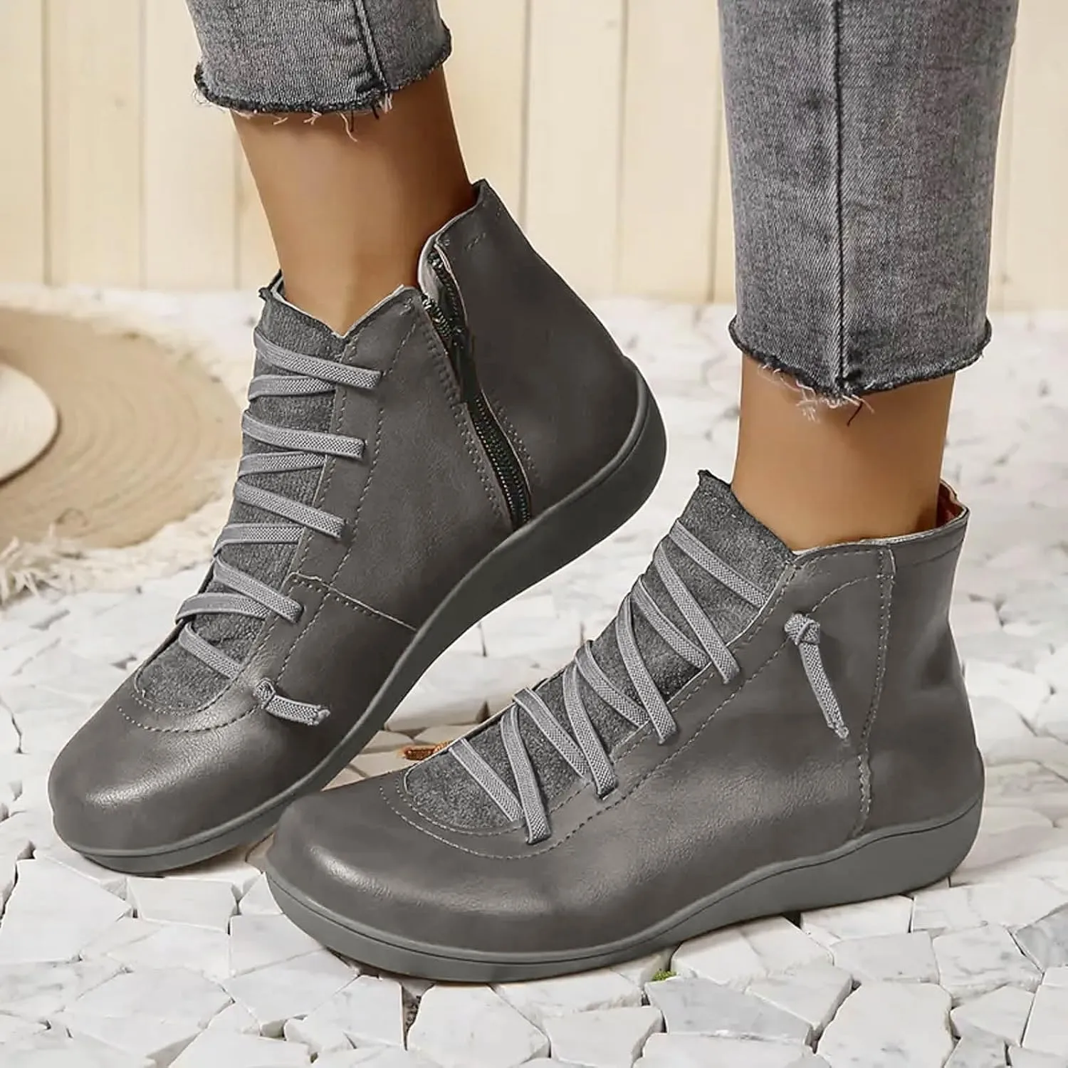 Cathalem Ankle Boots for Women, Womens Arch Support Low Heel Fashion Lace Up Zipper Booties Casual Walking Short Booties
