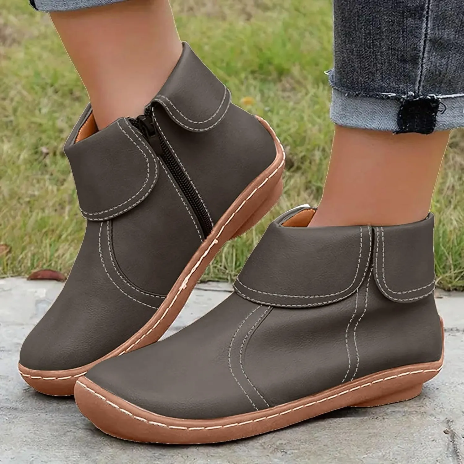 Cathalem Booties for Women 2024, 2024 New Flat Heel Booties Arch Support Booties Side Zip-up Vintage Leather Damping Shoes
