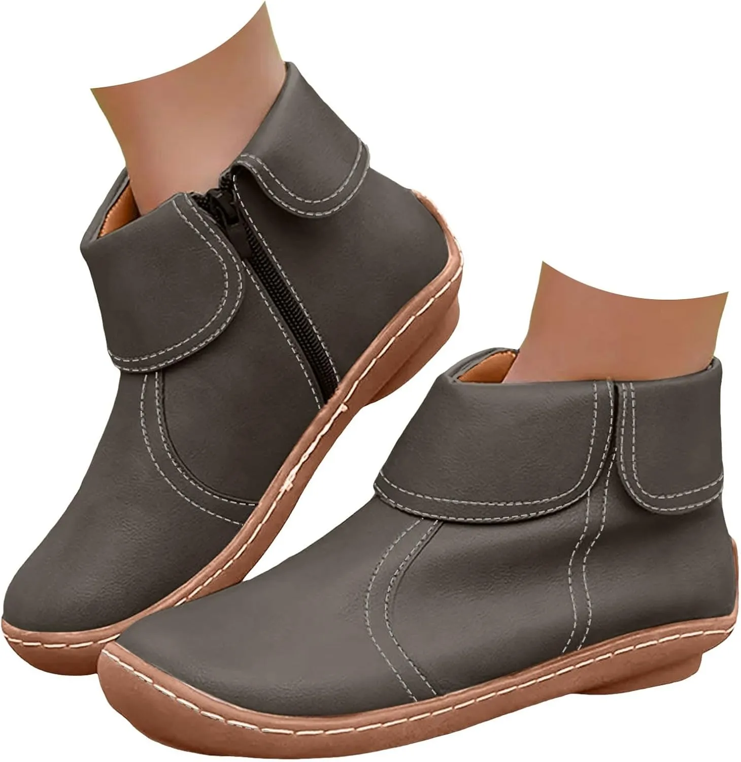 Cathalem Booties for Women 2024, 2024 New Flat Heel Booties Arch Support Booties Side Zip-up Vintage Leather Damping Shoes