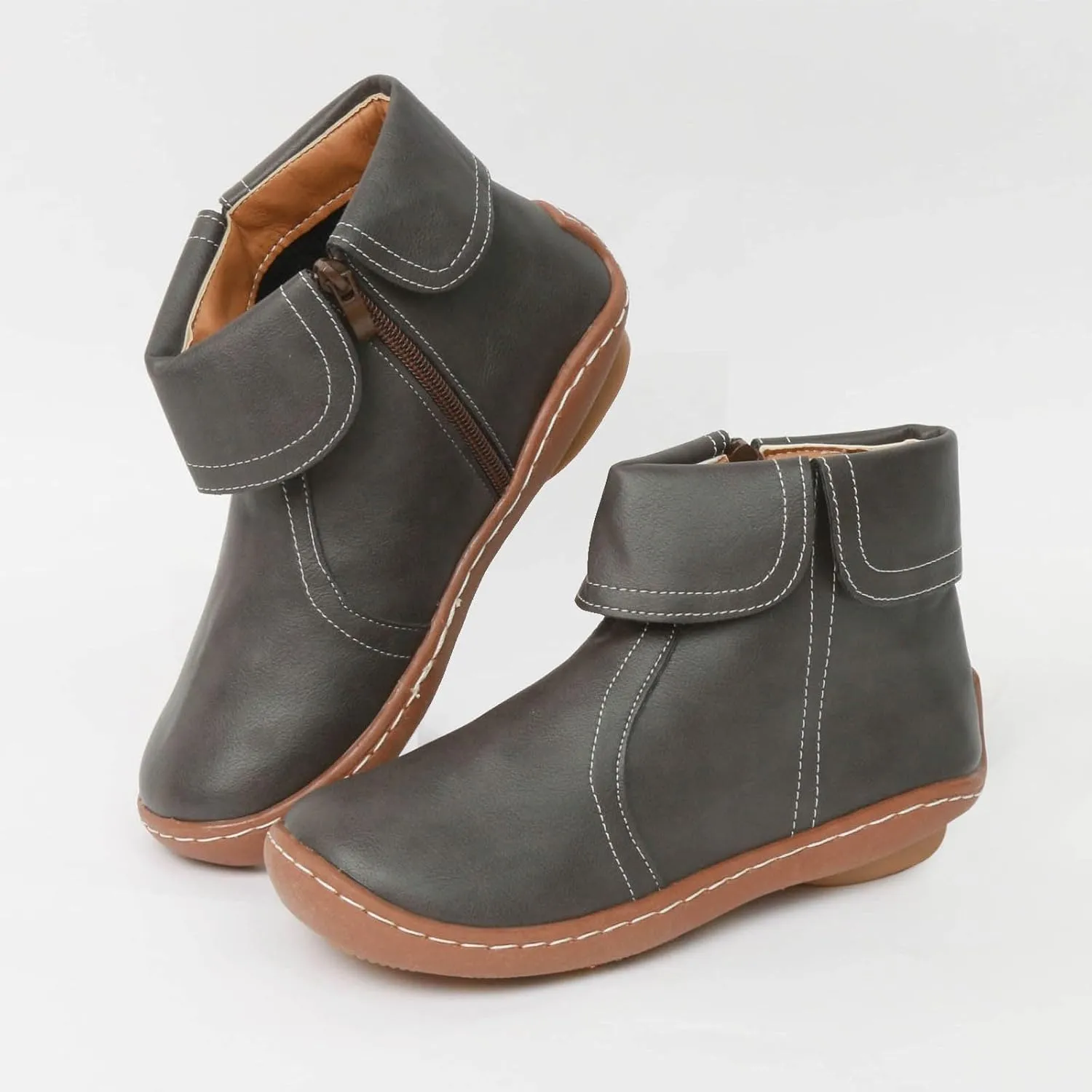 Cathalem Booties for Women 2024, 2024 New Flat Heel Booties Arch Support Booties Side Zip-up Vintage Leather Damping Shoes