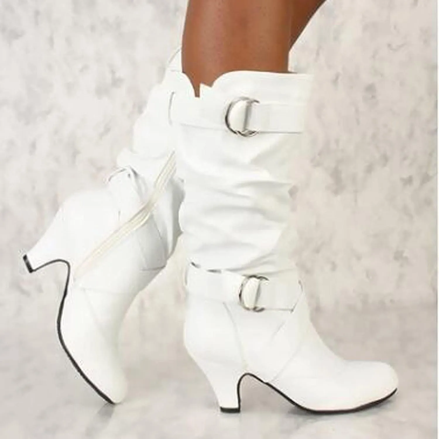 Cathalem Booties for Women Leather Boots Sexy Mid Calf Boots for Women Dressy Round Toe High Heel Mid Calf Boots with Zipper