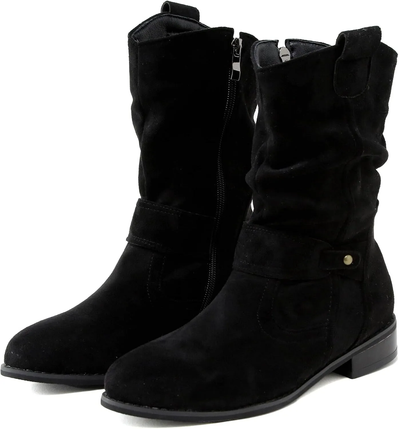 Cathalem Cowboy Boots for Women Flat Boots Wide Width Boots Mid Calf Slouchy Round Toe Suede Ankle Booties Winter Dressy Shoes