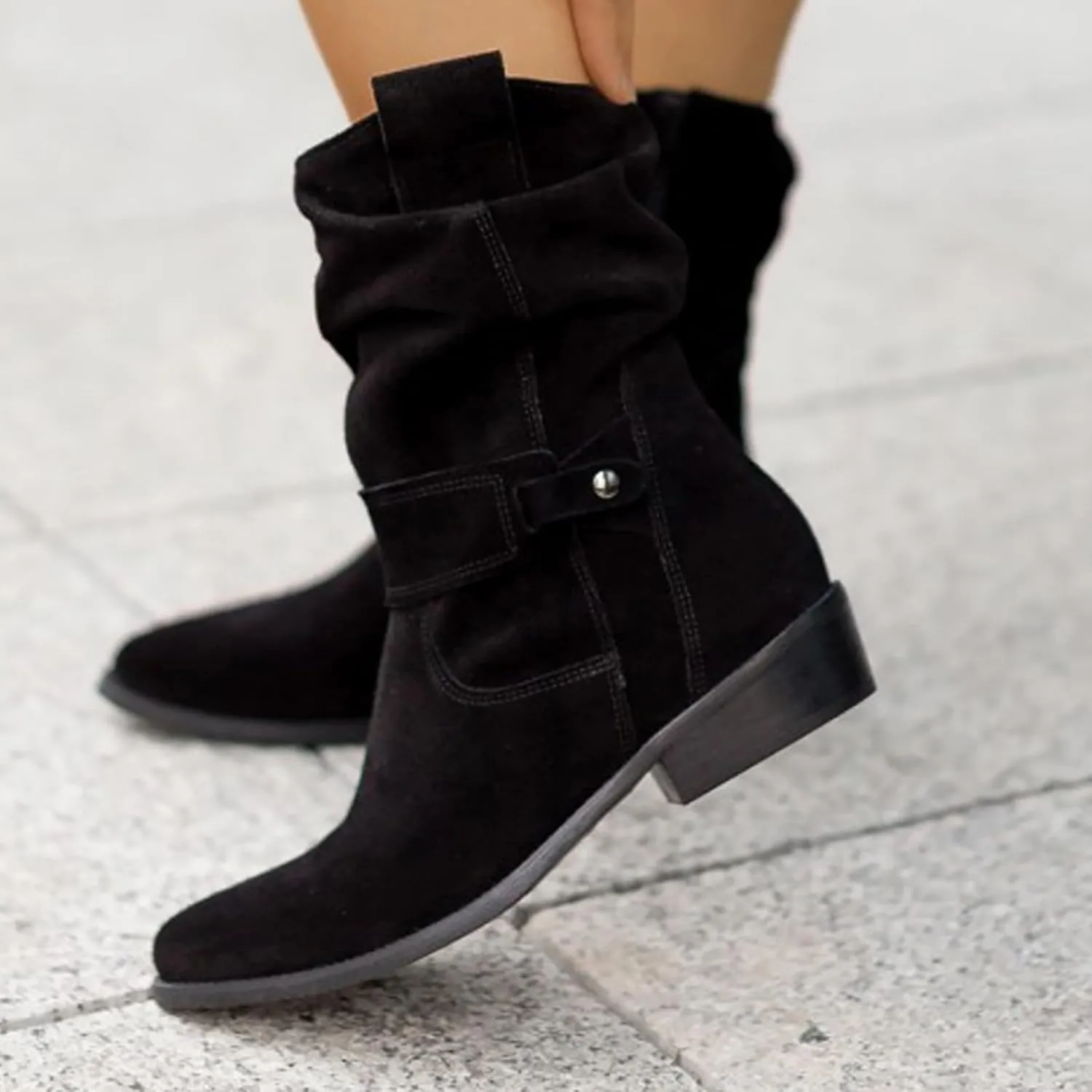 Cathalem Cowboy Boots for Women Flat Boots Wide Width Boots Mid Calf Slouchy Round Toe Suede Ankle Booties Winter Dressy Shoes
