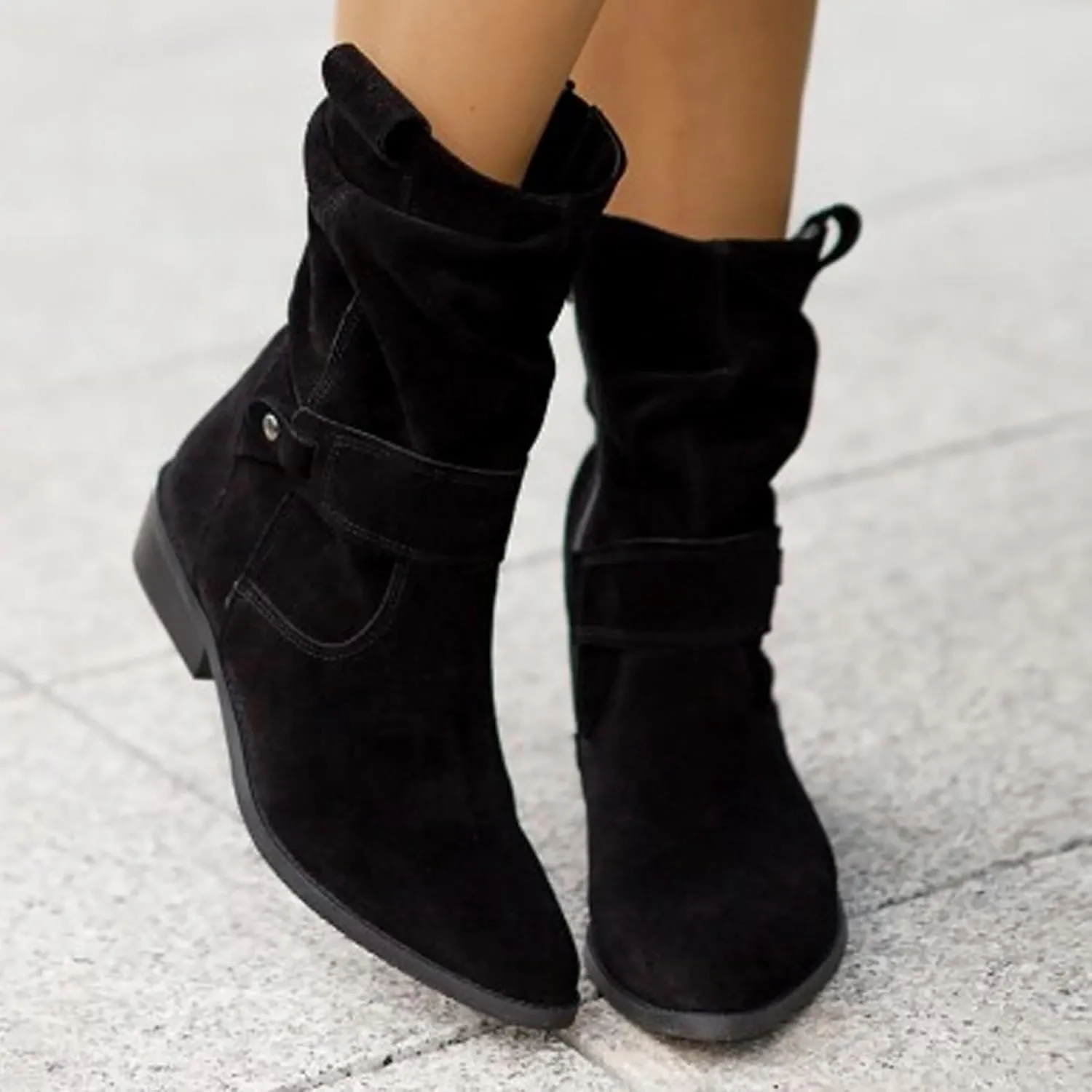 Cathalem Cowboy Boots for Women Flat Boots Wide Width Boots Mid Calf Slouchy Round Toe Suede Ankle Booties Winter Dressy Shoes