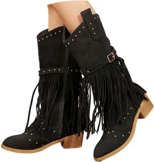 Cathalem Cowboy Boots for Women Mid Calf Boots Pull On Round Toe Side Zip Fall and Winter Fashion Comfortable Boots