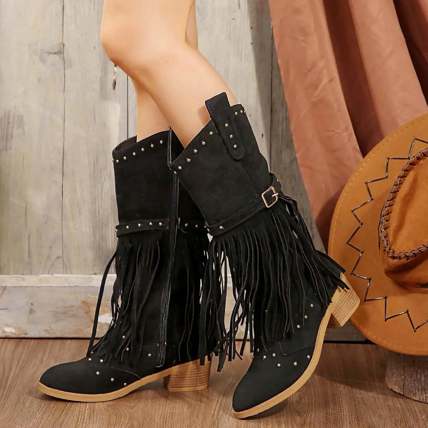 Cathalem Cowboy Boots for Women Mid Calf Boots Pull On Round Toe Side Zip Fall and Winter Fashion Comfortable Boots