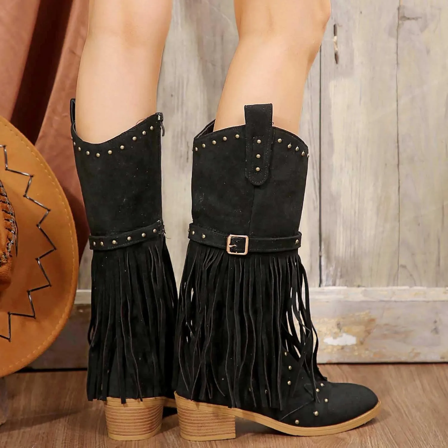 Cathalem Cowboy Boots for Women Mid Calf Boots Pull On Round Toe Side Zip Fall and Winter Fashion Comfortable Boots