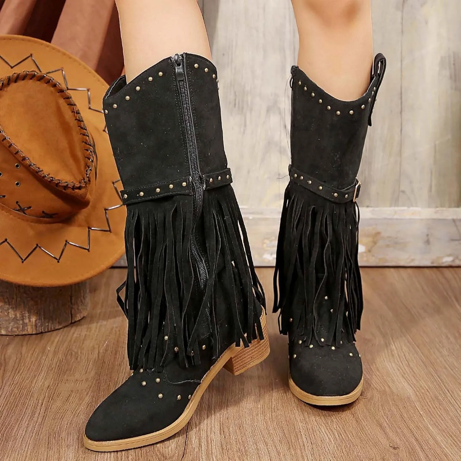 Cathalem Cowboy Boots for Women Mid Calf Boots Pull On Round Toe Side Zip Fall and Winter Fashion Comfortable Boots