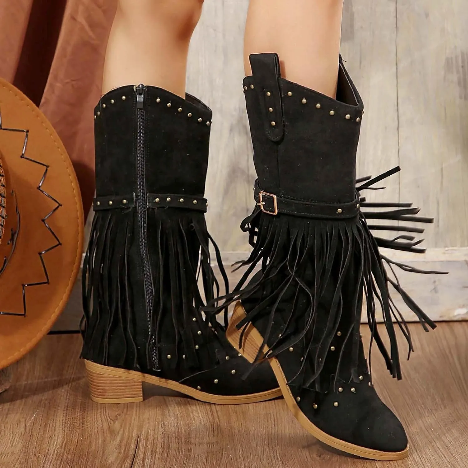 Cathalem Cowboy Boots for Women Mid Calf Boots Pull On Round Toe Side Zip Fall and Winter Fashion Comfortable Boots