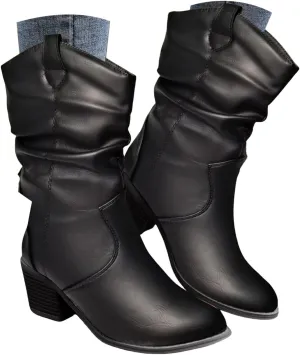 Cathalem Cowboy Boots for Women Mid Calf Modern Round toe Chunky Heel Cowgirl Ankle Boots with Pull On Tabs Country Boots