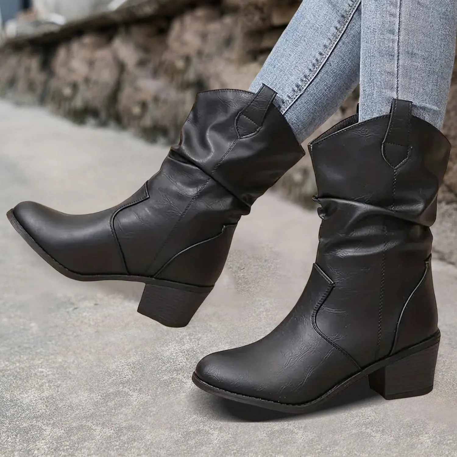 Cathalem Cowboy Boots for Women Mid Calf Modern Round toe Chunky Heel Cowgirl Ankle Boots with Pull On Tabs Country Boots