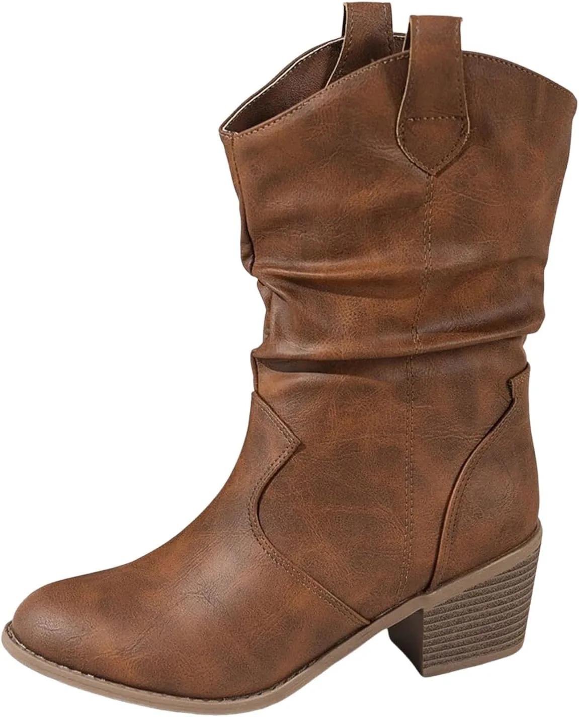 Cathalem Cowboy Boots for Women Mid Calf Modern Round toe Chunky Heel Cowgirl Ankle Boots with Pull On Tabs Country Boots