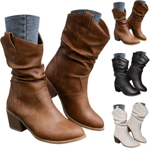 Cathalem Cowboy Boots for Women Mid Calf Modern Round toe Chunky Heel Cowgirl Ankle Boots with Pull On Tabs Country Boots