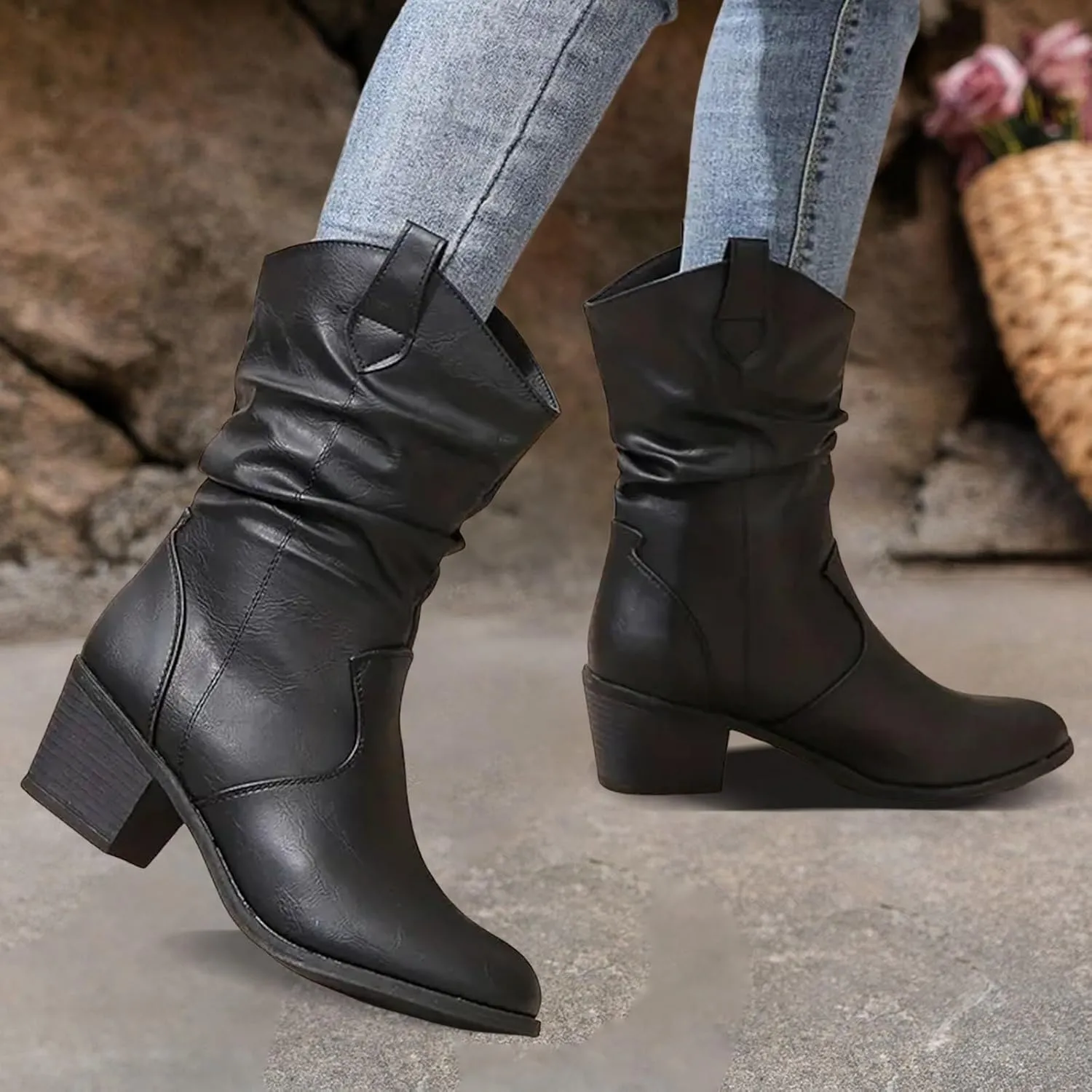 Cathalem Cowboy Boots for Women Mid Calf Modern Round toe Chunky Heel Cowgirl Ankle Boots with Pull On Tabs Country Boots