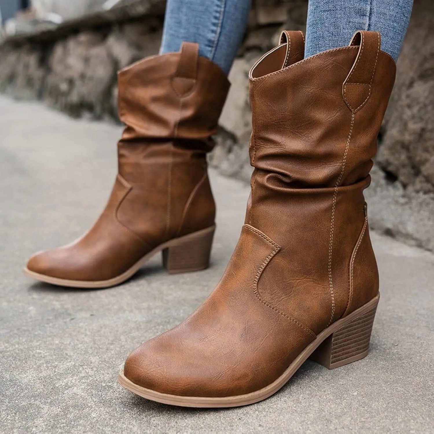 Cathalem Cowboy Boots for Women Mid Calf Modern Round toe Chunky Heel Cowgirl Ankle Boots with Pull On Tabs Country Boots