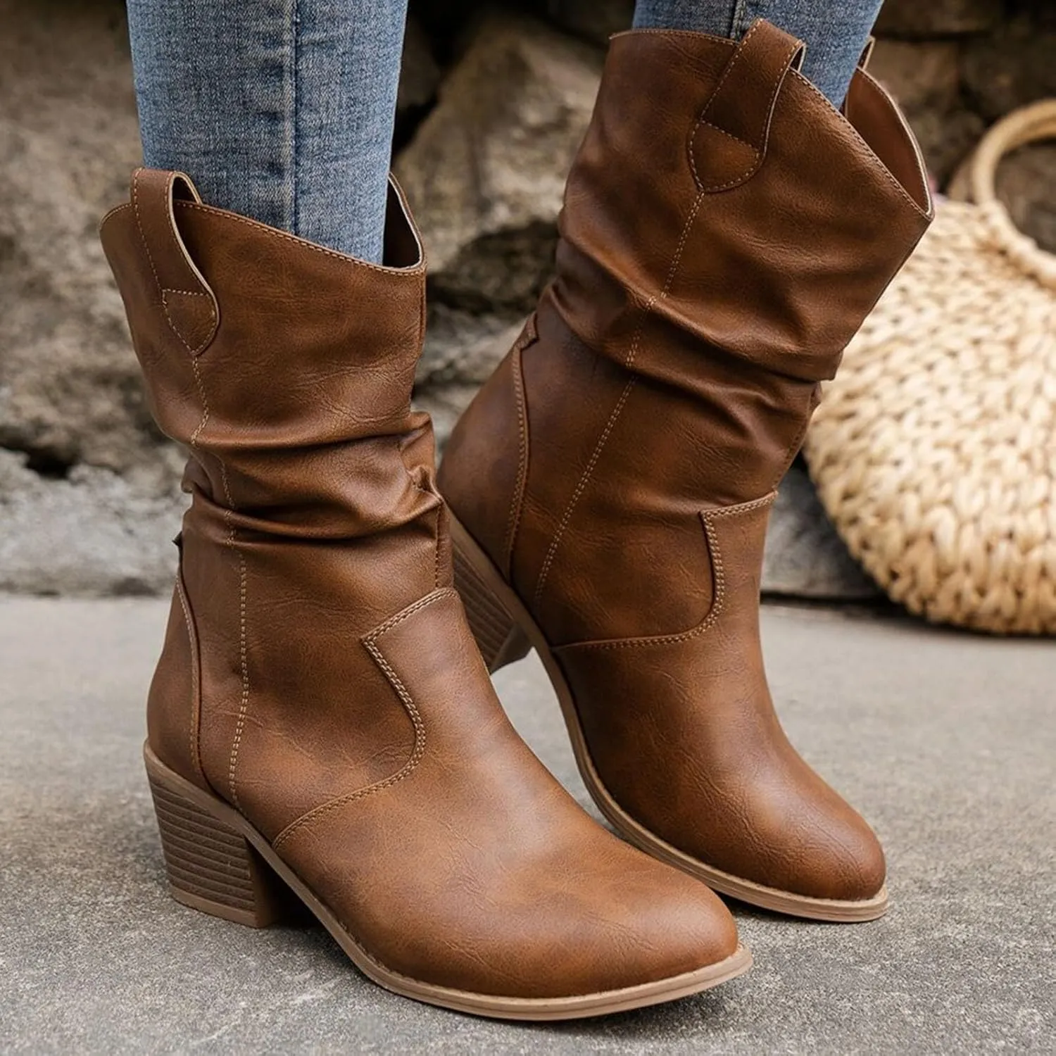 Cathalem Cowboy Boots for Women Mid Calf Modern Round toe Chunky Heel Cowgirl Ankle Boots with Pull On Tabs Country Boots