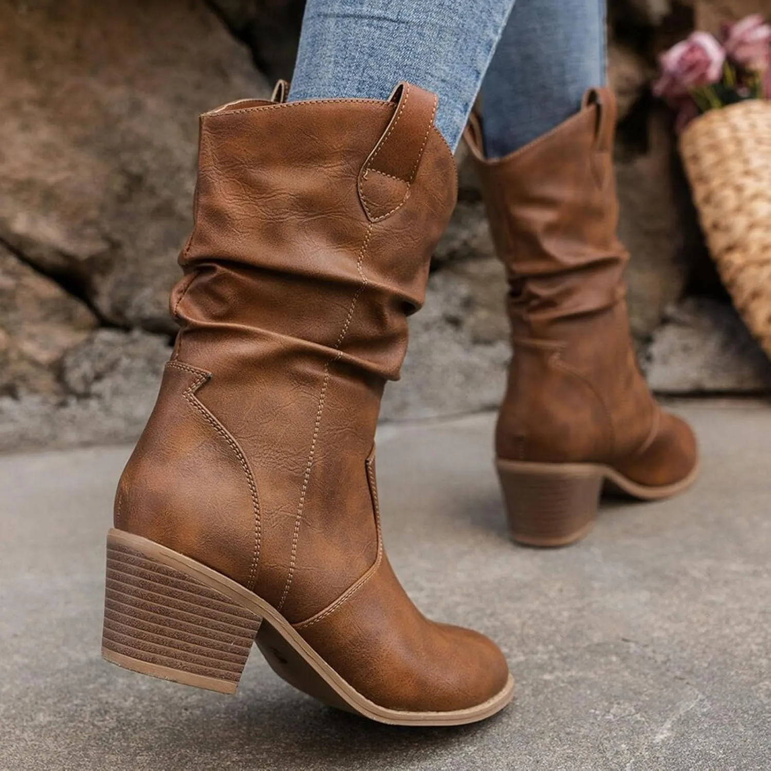 Cathalem Cowboy Boots for Women Mid Calf Modern Round toe Chunky Heel Cowgirl Ankle Boots with Pull On Tabs Country Boots