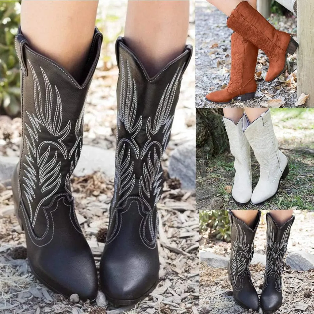 Cathalem Cowboy Boots for Women Wide Calf Knee High Embroidered Western Cowgirl Boots Pointed Toe Chunky Heel Retro Boots