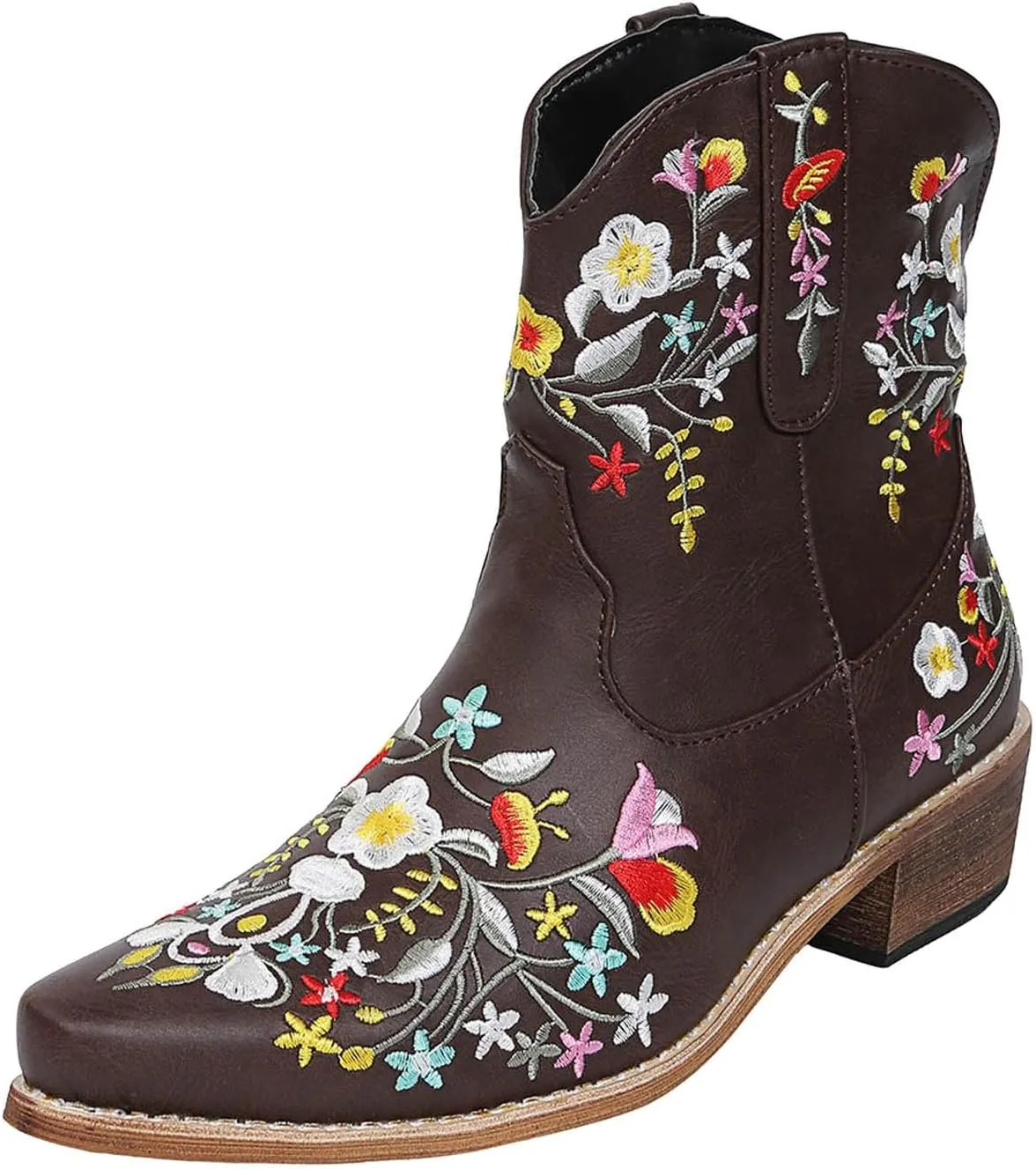 Cathalem Cowboy Boots for Women,Women Flower Embroidered Ankle Cowgirl Boots Western Boots Chunky Heel Pull On Short Boots