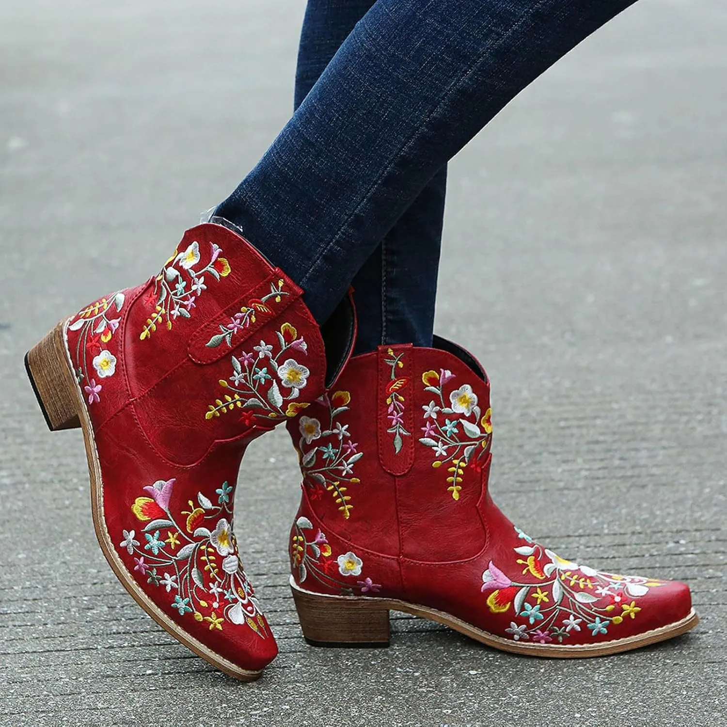 Cathalem Cowboy Boots for Women,Women Flower Embroidered Ankle Cowgirl Boots Western Boots Chunky Heel Pull On Short Boots